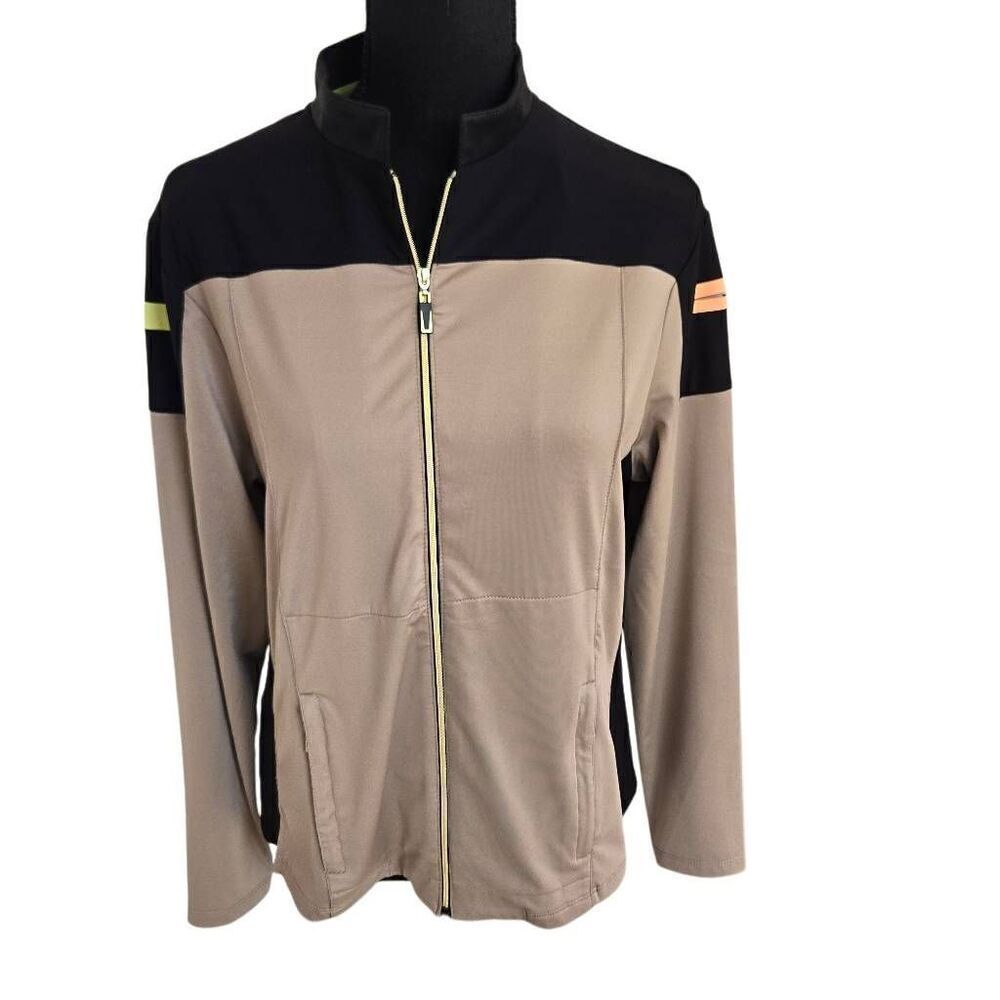 Jamie Sadock Womens Colorblock Zip Long Golf Athletic Jacket Taupe Black Medium